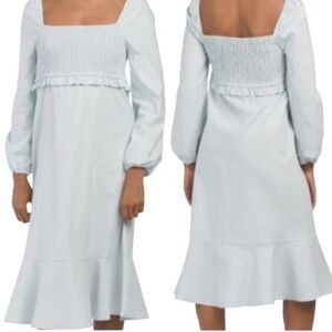 7 For All Mankind Linen Cotton Smocked Ruffled Midi Dress Womens M Cottagecore